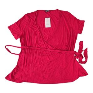 ModCloth Red Wrap Top Short‎ Sleeve Tie Waist Plus Size 1X Chic Casual Stretch